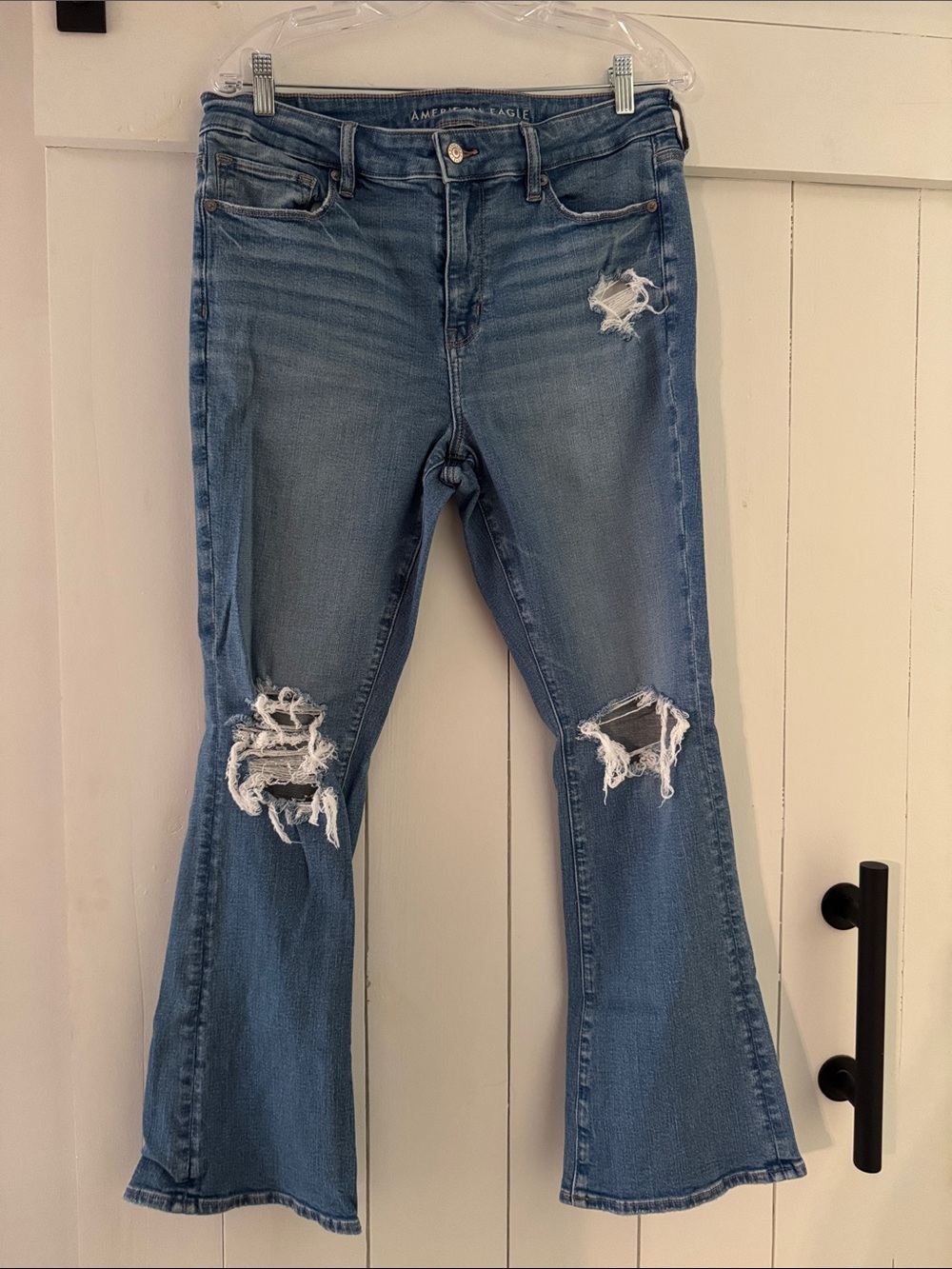 American Eagle Blue Denim High Rise Skinny Kick Boot Cut Jeans 14 Short Stretch